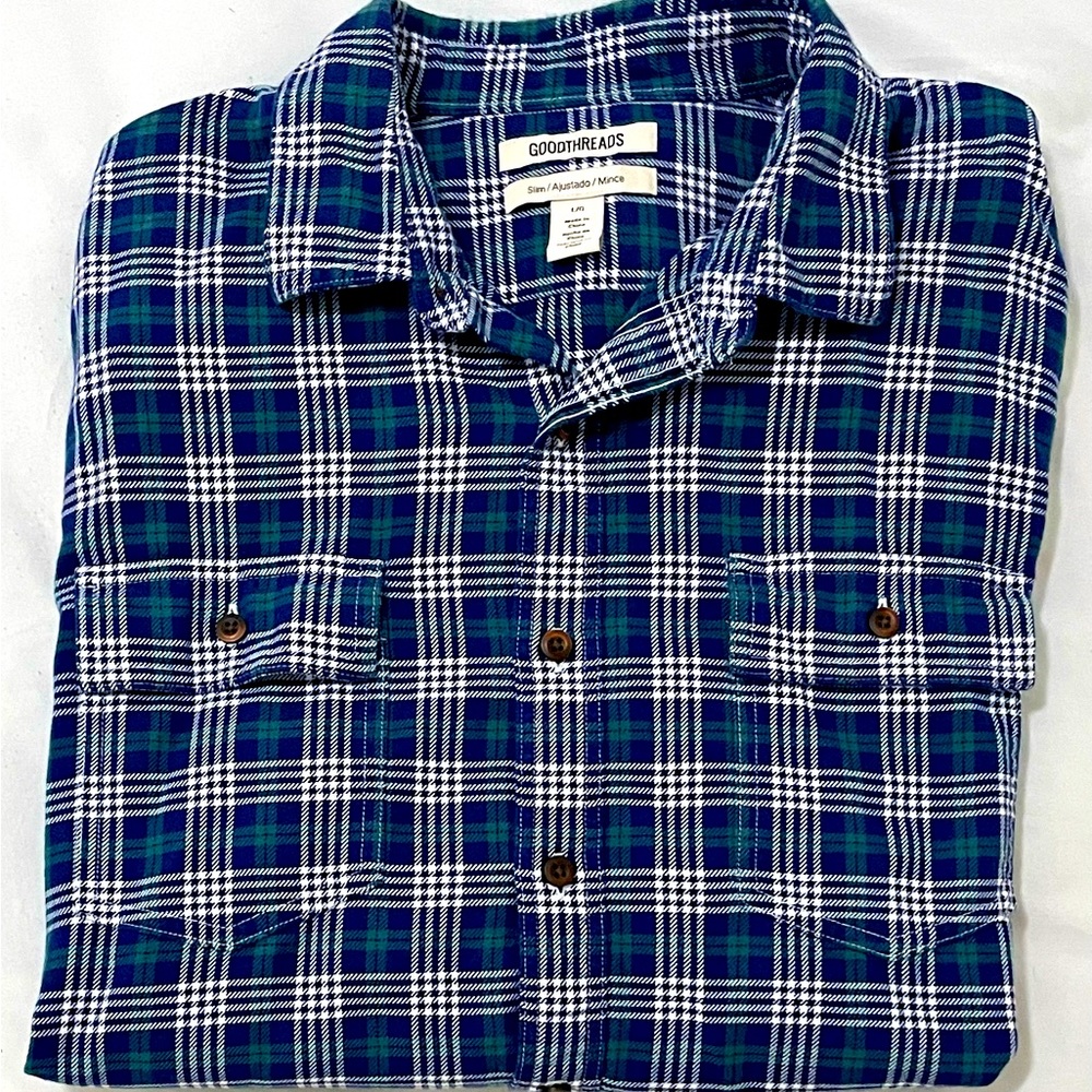 Mens GOODTHREADS Button Down Shirt Size L Large Blue Plaid Flannel Casual Top